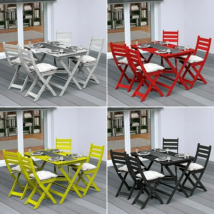 swingcolor Mix Buntlack Acryl zum Mischen lassen - Basismischfarbe 4, Seidenmatt, 750 ml, Wasserbasiert - Abbildung eines Gartentisches mit vier Stühlen in verschiedenen Farben (grau, rot, gelb, schwarz) und weißen Kissen.