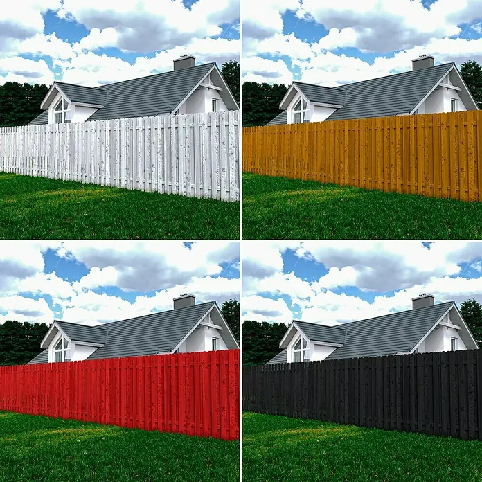 swingcolor Mix Buntlack Acryl zum Mischen lassen - Basismischfarbe 4, Seidenmatt, 750 ml, Wasserbasiert - Collage mit vier Bildern eines Hauses mit einem Zaun in Weiß, Braun, Rot und Schwarz.