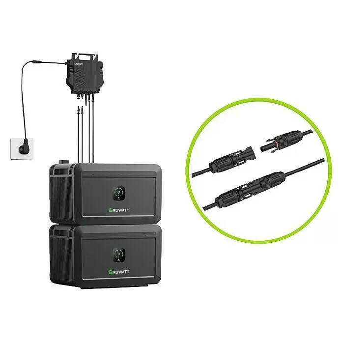Growatt Batteriespeicher NOAH 2000 - 0% MwSt. gem. § 12 Abs. 3 UStG - Nennleistung: 2.000 W - Dunkelgraues Growatt Solar-Batteriespeichersystem mit Wechselrichter, an eine Wandsteckdose angeschlossen. Einsatz zeigt schwarze MC4-Stecker.