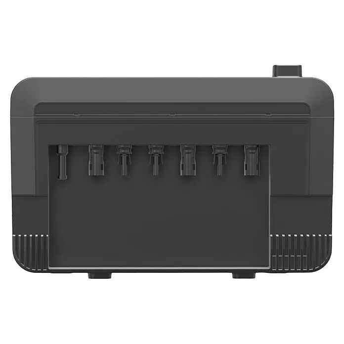 Growatt Batteriespeicher NOAH 2000 - 0% MwSt. gem. § 12 Abs. 3 UStG - Nennleistung: 2.000 W - Dunkelgraues elektronisches Gerät mit sechs Anschlüssen an der Platte, wahrscheinlich ein Wechselrichter oder Kombinierer.