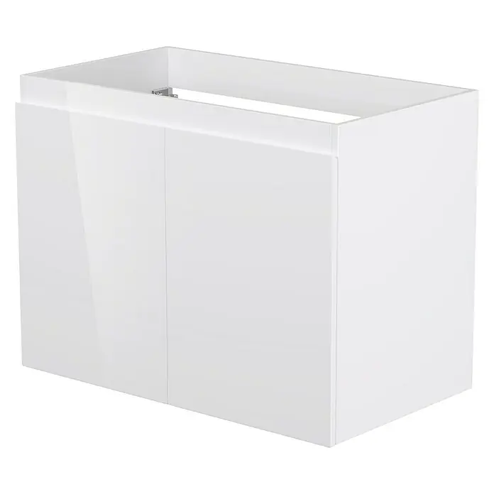 Camargue Espacio Waschtischunterschrank - 60 x 46 x 60 cm, 1 Einlegeboden, Gama weiß glänzend - Dieser Artikel zeigt einen weißen Waschtischunterschrank mit zwei Türen. Das Möbelstück hat ein modernes, minimalistisches Design.