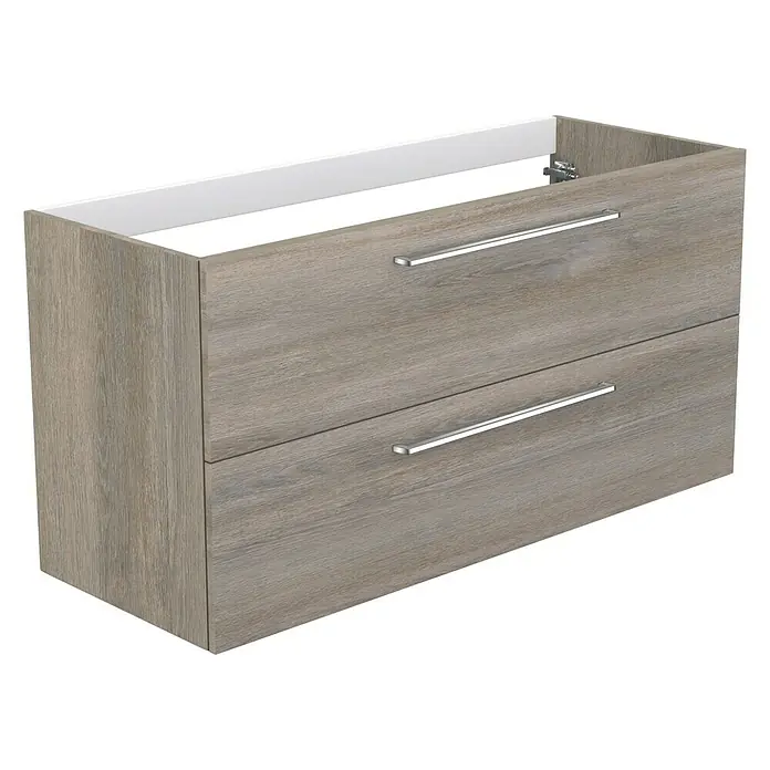Camargue Espacio Waschtischunterschrank - 120 x 46 x 60 cm, 2 Schubkästen, Faro - Bild eines Waschtischunterschranks mit zwei Schubladen und silbernen Griffen. Das Holz hat eine natürliche Maserung.