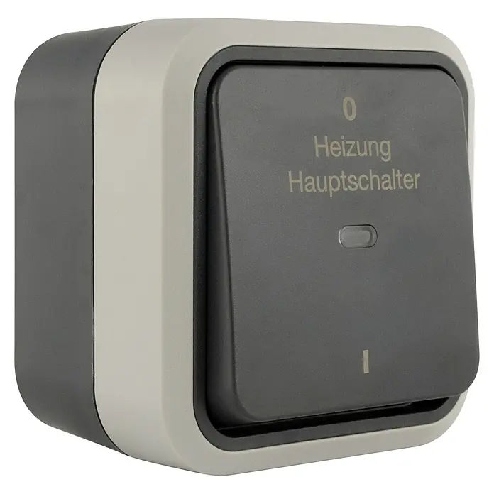 Hamburg Heizungsschalter - Grau/Anthrazit, Matt, Kunststoff, Aufputzmontage, IP55 - Nahaufnahme eines Heizungshauptschalters mit der Beschriftung "0", "Heizung" und "Hauptschalter". Ein essentielles Bedienelement für Heizsysteme.