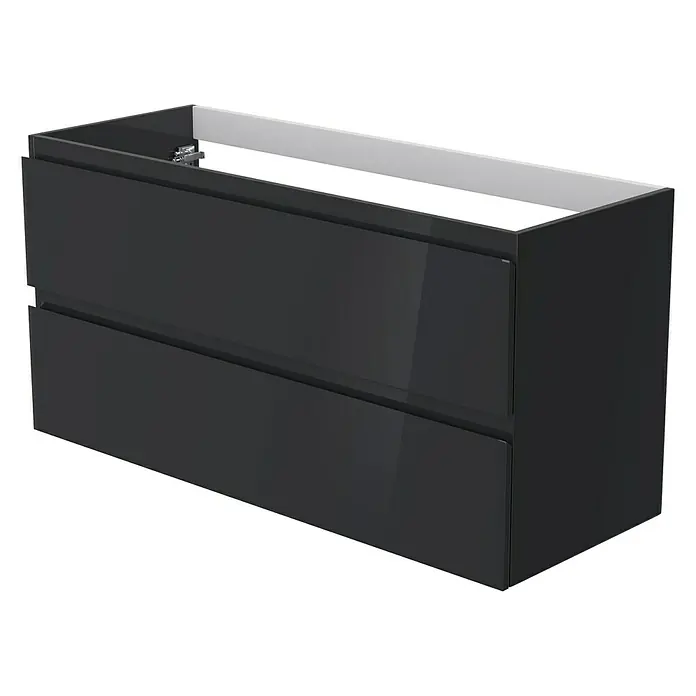 Camargue Espacio Waschtischunterschrank - 120 x 46 x 60 cm, 2 Schubkästen, Gama anthrazit glänzend - Abbildung eines Unterschrankwaschtisches mit zwei Schubladen in glänzendem Schwarz, ideal für moderne Badezimmerdesigns.