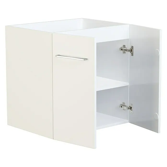 Camargue Espacio Waschtischunterschrank - 60 x 46 x 60 cm, 1 Einlegeboden, Mira - Offener weißer Hängeschrank mit zwei Ablagen und einem silbernen Griff an der linken Tür.
