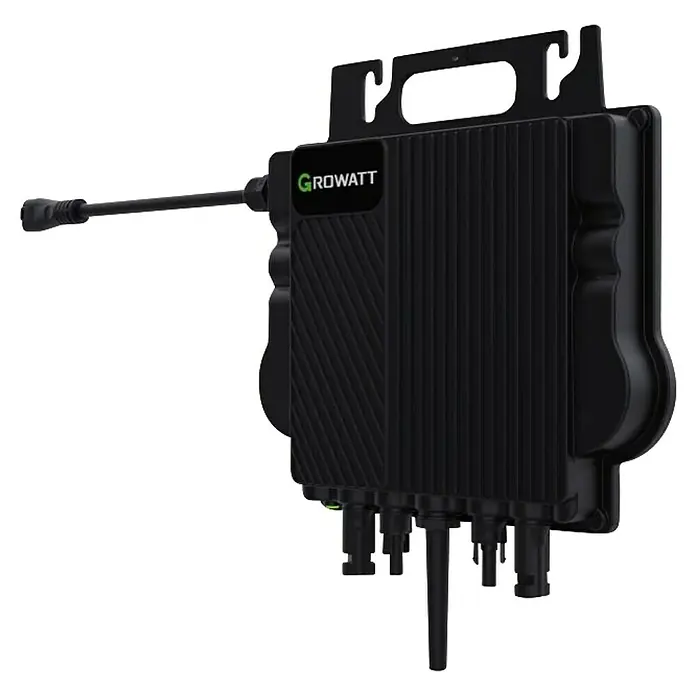 Growatt Wechselrichter NEO 800M-X - 0% MwSt. (gem. § 12 Abs. 3 UStG) - Leistungsaufnahme: 800 W - Abbildung eines GROWATT-Wechselrichters. Das Gerät ist schwarz und hat ein kompaktes Design für Solaranlagen.