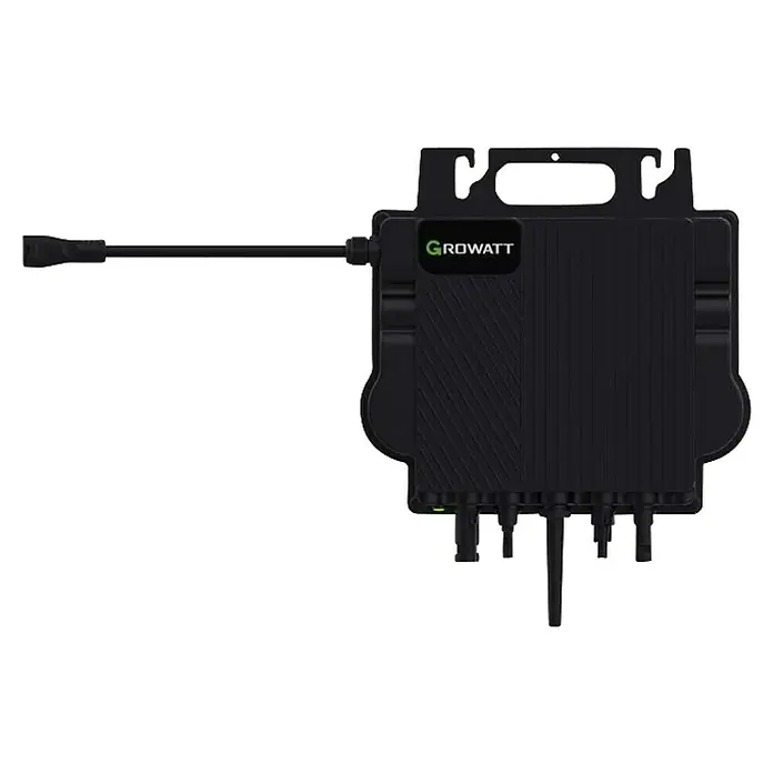 Growatt Wechselrichter NEO 800M-X - 0% MwSt. (gem. § 12 Abs. 3 UStG) - Leistungsaufnahme: 800 W - Produktbild eines GROWATT-Wechselrichters. Der Wechselrichter ist schwarz und hat ein schlankes Design. Er wird für Solaranlagen verwendet.