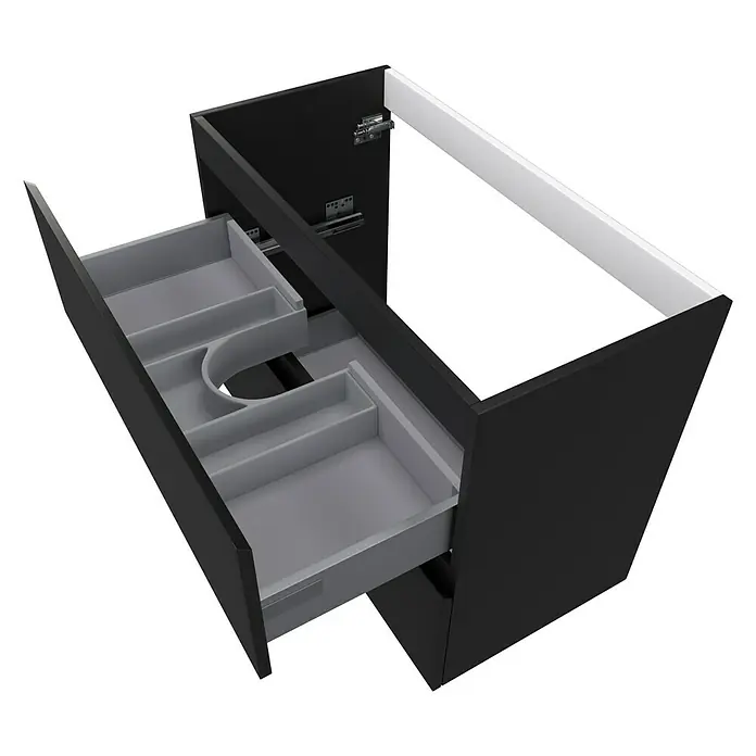 Camargue Espacio Waschtischunterschrank - 80 x 40 x 60 cm, 2 Schubkästen, Gama anthrazit matt - Ansicht eines schwarzen Waschtischunterschranks mit zwei Schubladen. Das Möbelstück ist modern und funktional gestaltet.