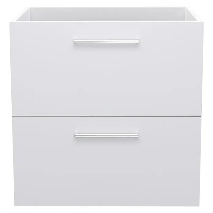 Camargue Espacio Waschtischunterschrank - 60 x 46 x 60 cm, 2 Schubkästen, Mira - Weißer Badezimmerschrank mit zwei Schubladen und silbernen Griffen. Der Badezimmerschrank ist modern und elegant.