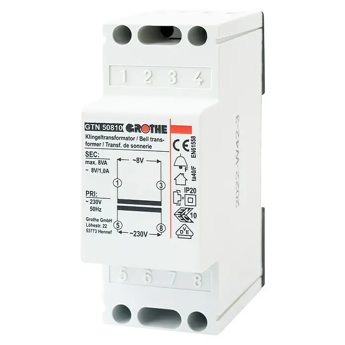 Grothe Klingeltrafo GTN 50810 - Primärspannung: 230 V AC (50 Hz), Sekundärspannung: 8 V AC (1,0 A), Weitere Eigenschaften: Fail-Safe - Abbildung eines Grothe GTN 50810 Klingeltransformators zur Stromversorgung von Türklingeln und Signalanlagen.