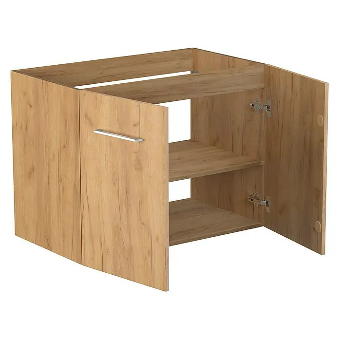 Camargue Espacio Waschtischunterschrank - 80 x 46 x 60 cm, 1 Einlegeboden, Doce - Ein Unterschrank mit zwei Türen und zwei Regalen in Holzoptik. Die Türen sind geöffnet und geben den Blick auf das Innere frei.