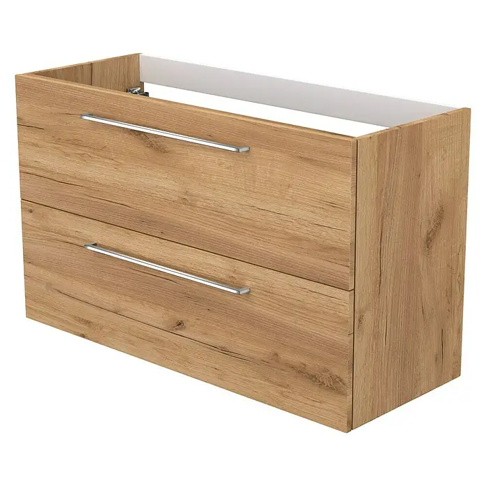 Camargue Espacio Waschtischunterschrank - 100 x 40 x 60 cm, 2 Schubkästen, Doce - Ein Unterschrank mit zwei Schubladen in Holzoptik und silberfarbenen Griffen für das Badezimmer, der Stauraum bietet und modern wirkt.
