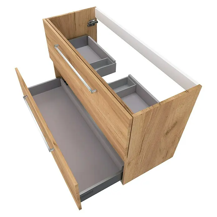 Camargue Espacio Waschtischunterschrank - 100 x 40 x 60 cm, 2 Schubkästen, Doce - Ein Waschtischunterschrank in Holzoptik mit zwei Schubladen. Die obere Schublade ist teilweise geöffnet und zeigt kleine Fächer.