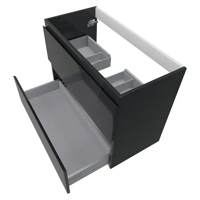 Camargue Espacio Waschtischunterschrank - 60 x 40 x 60 cm, 2 Schubkästen, Gama anthrazit glänzend - Schwarzer Waschtischunterschrank mit zwei Schubladen und praktischer Aufteilung, ideal für moderne Badezimmer.