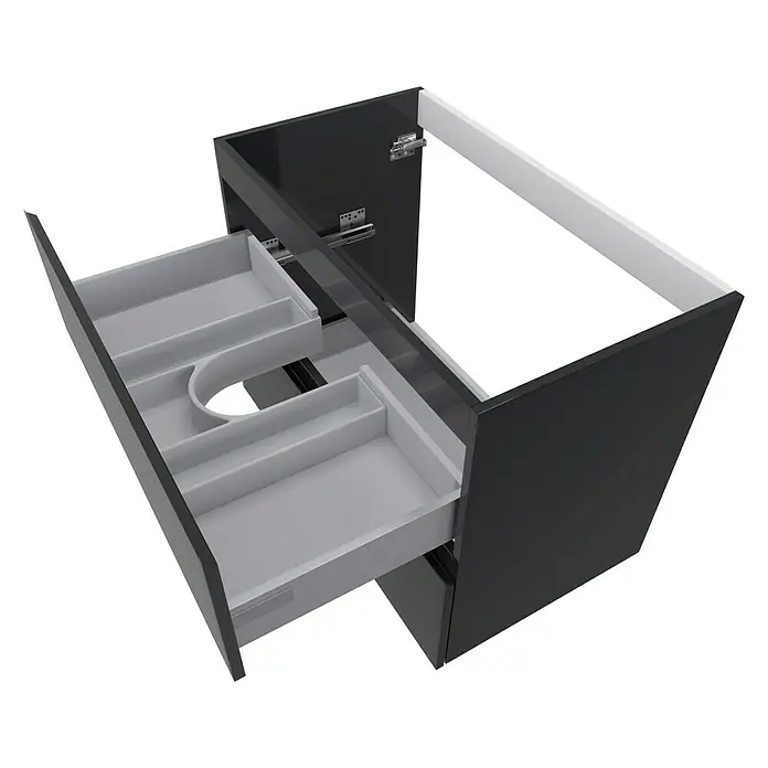 Camargue Espacio Waschtischunterschrank - 80 x 46 x 60 cm, 2 Schubkästen, Gama anthrazit glänzend - Eleganter schwarzer Waschtischunterschrank mit offenen Schubladen, ideal für moderne Badezimmer. Praktische Aufteilung für mehr Ordnung.