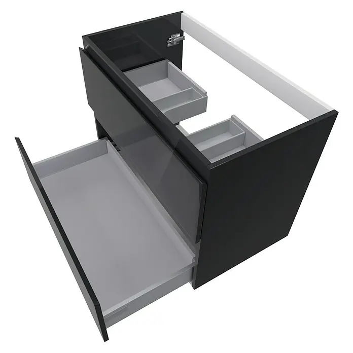 Camargue Espacio Waschtischunterschrank - 80 x 46 x 60 cm, 2 Schubkästen, Gama anthrazit glänzend - Abbildung eines modernen Badezimmerunterschranks in Schwarz mit Schubladen, ideal für stilvolle Badgestaltung.