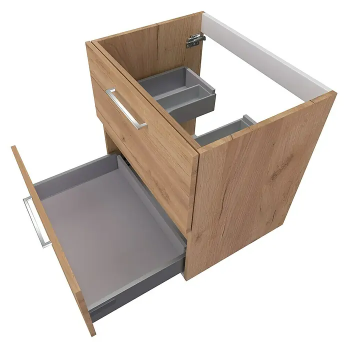 Camargue Espacio Waschtischunterschrank - 60 x 46 x 60 cm, 2 Schubkästen, Doce - Ein Badezimmerunterschrank mit zwei Schubladen, die teilweise geöffnet sind, in Holzoptik und grauen Innenauszügen.