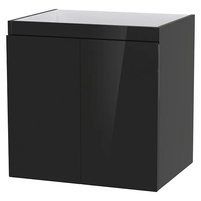 Camargue Espacio Waschtischunterschrank - 60 x 46 x 60 cm, 1 Einlegeboden, Gama anthrazit glänzend - Elegantes Badezimmerwaschbecken mit glänzend schwarzen Schranktüren und einer weißen Oberfläche, ideal für moderne Badezimmerdesigns.