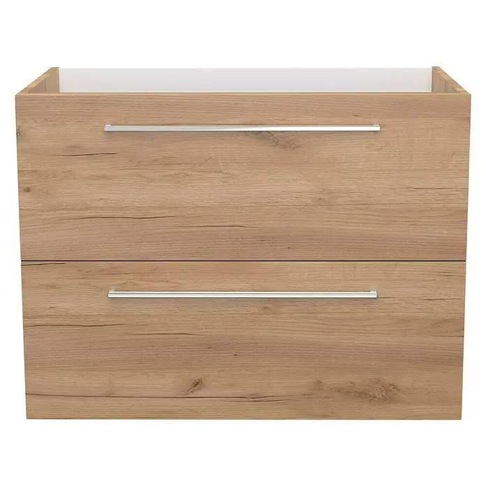 Camargue Espacio Waschtischunterschrank - 80 x 46 x 60 cm, 2 Schubkästen, Doce - Ein modernes Badezimmermöbel mit zwei Schubladen in Holzoptik und weißen Akzenten. Die schlichten, silbernen Griffe ergänzen das Design.