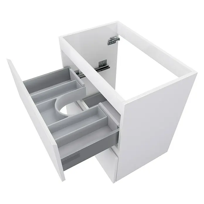 Camargue Espacio Waschtischunterschrank - 60 x 40 x 60 cm, 2 Schubkästen, Gama weiß glänzend - Ein offener, weißer Waschtischunterschrank mit einer Schublade und praktischen Fächern für Badutensilien.