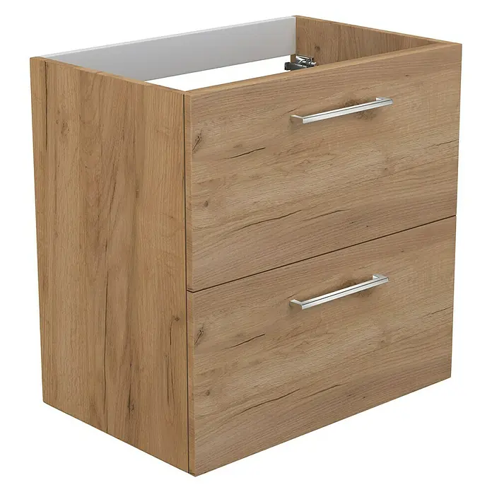Camargue Espacio Waschtischunterschrank - 60 x 40 x 60 cm, 2 Schubkästen, Doce - Bild eines Waschtischunterschranks mit zwei Schubladen in Holzoptik und silbernen Griffen.