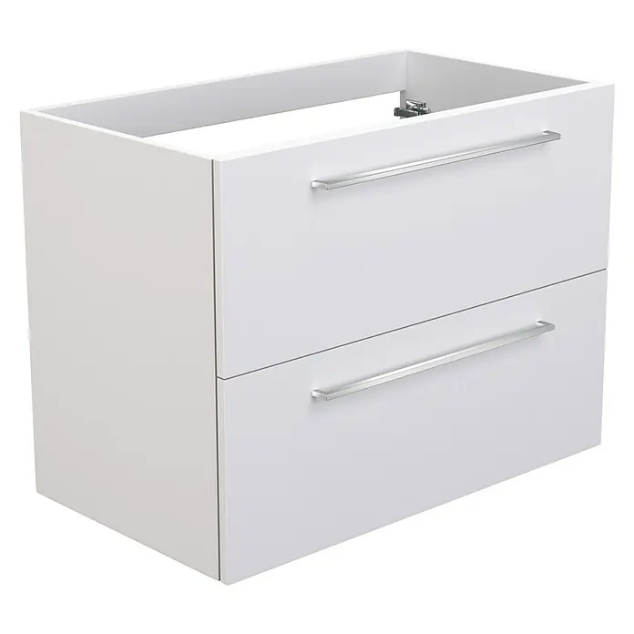 Camargue Espacio Waschtischunterschrank - 80 x 46 x 60 cm, 2 Schubkästen, Mira - Ein moderner, weißer Waschbeckenunterschrank mit zwei Schubladen und eleganten, silberfarbenen Griffen. Perfekt für jedes Badezimmer.
