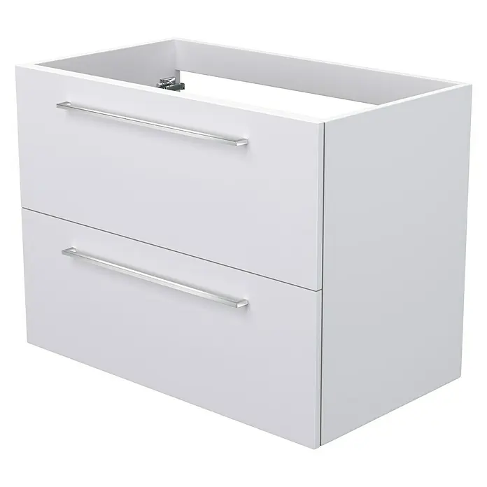 Camargue Espacio Waschtischunterschrank - 80 x 46 x 60 cm, 2 Schubkästen, Mira - Produktbild eines weißen Unterschranks mit zwei Schubladen und silbernen Griffen für das Badezimmer.