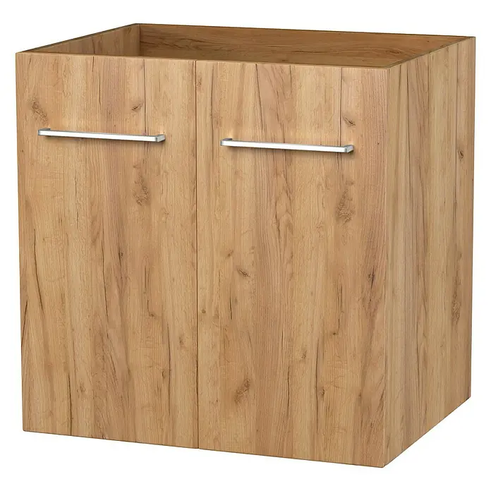 Camargue Espacio Waschtischunterschrank - 60 x 46 x 60 cm, 1 Einlegeboden, Doce - Ein moderner Badunterschrank aus hellem Holz mit zwei Türen und silbernen Griffen. Ideal für jedes Badezimmer.