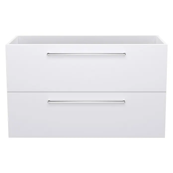 Camargue Espacio Waschtischunterschrank100 x 46 x 60 cm, 2 Schubkästen, Mira - Weißer Badezimmerschrank mit zwei Schubladen und silbernen Griffen für ein modernes und elegantes Badezimmerdesign.