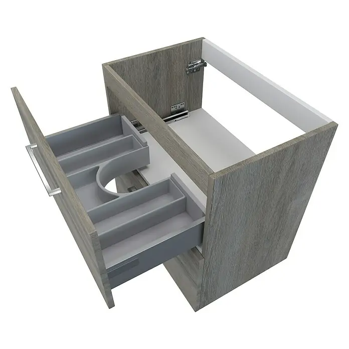 Camargue Espacio Waschtischunterschrank - 60 x 40 x 60 cm, 2 Schubkästen, Faro - Aufnahme eines Badezimmerschranks mit einer Schublade, die Inneneinteilungen zur Aufbewahrung von Gegenständen bietet.