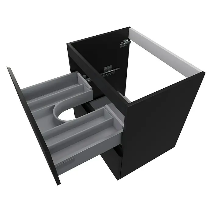 Camargue Espacio Waschtischunterschrank - 60 x 46 x 60 cm, 2 Schubkästen, Gama anthrazit matt - Bild eines schwarzen Waschtischunterschranks mit Schubladen. Das Möbelstück bietet viel Stauraum und ist modern gestaltet.\n