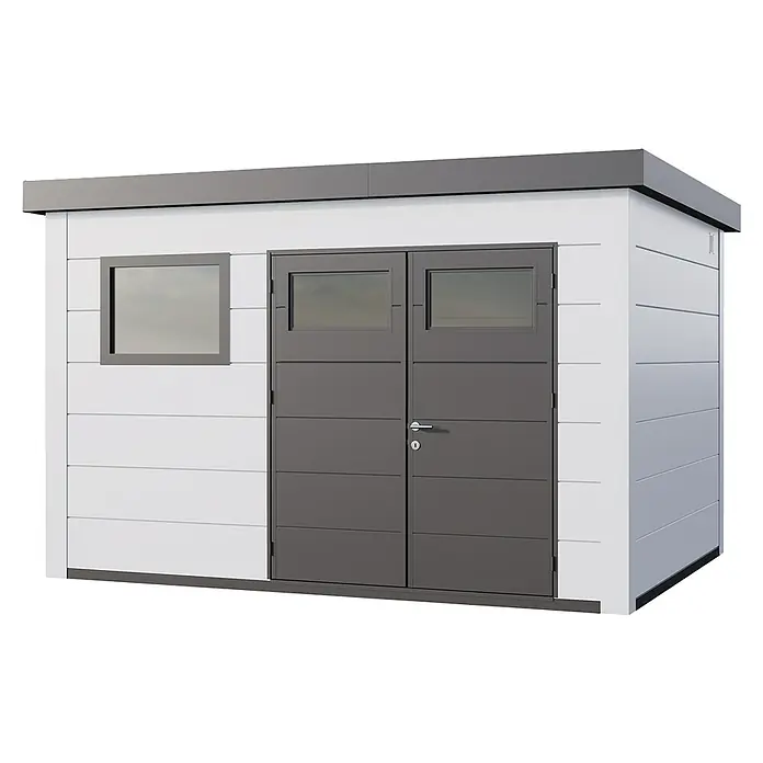 Telluria Metallgerätehaus Classico 3930+ inkl. Elektro-Set - Außenmaß inkl. Dachüberstand (B x T): 408 x 318 cm, Stahl, Weiß, Inkl. Innenwandverkleidung & Elektro-Set - Ein modernes Gerätehaus in Weiß und Grau mit Doppeltür und Fenster. Ideal für die Aufbewahrung im Garten.
