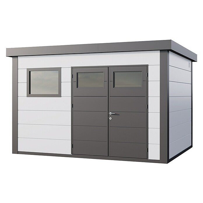 Telluria Metallgerätehaus Classico 3930+ inkl. Elektro-Set (Außenmaß inkl. Dachüberstand (B x T): 408 x 318 cm, Stahl, Weiß/Anthrazit, Inkl. Innenwandverkleidung & Elektro-Set) | BAUHAUS