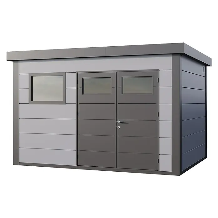 Telluria Metallgerätehaus Classico 3930+ inkl. Elektro-Set - Außenmaß inkl. Dachüberstand (B x T): 408 x 318 cm, Stahl, Lichtgrau/Anthrazit, Inkl. Innenwandverkleidung & Elektro-Set - Moderne Gartenlaube mit Doppeltür und Fenster, ideal für die Aufbewahrung von Gartengeräten und als wetterfester Rückzugsort im Freien.