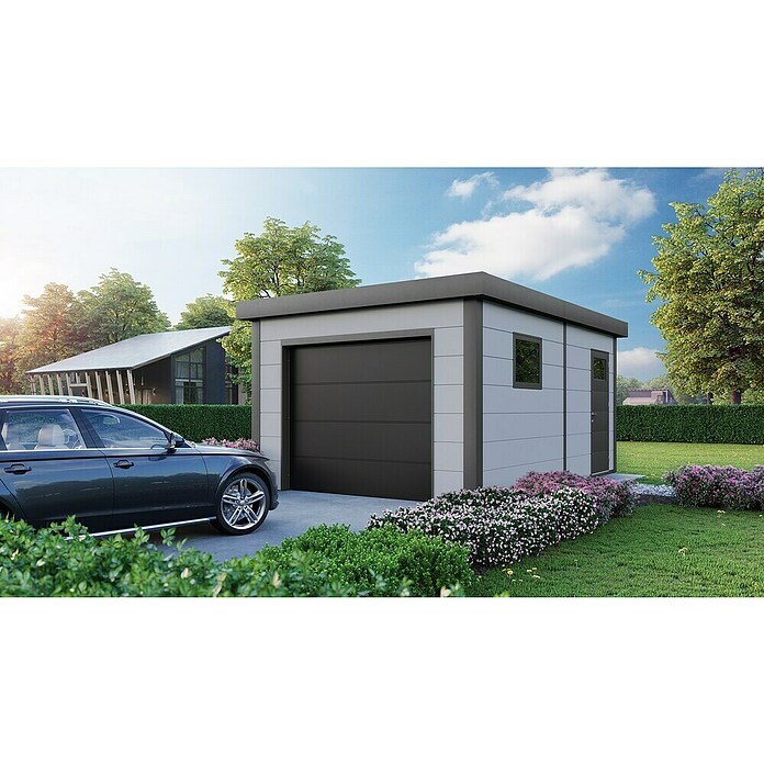 Telluria Garage Classico 3654G inkl. Elektro-Set und Innenwandverkleidung (Außenmaß inkl. Dachüberstand (B x T): 388 x 568 cm, Stahl, Weiß/Anthrazit, Elektro-Set) | BAUHAUS