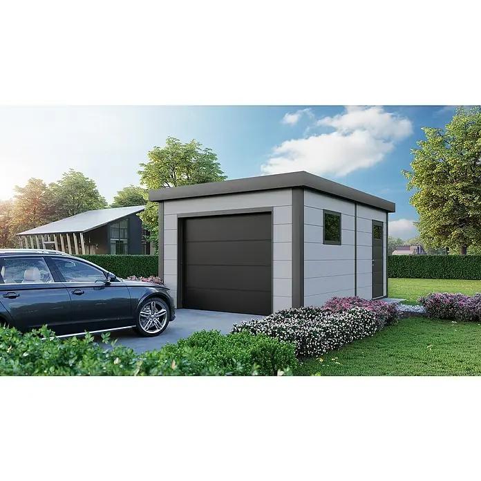 Telluria Garage Classico 3654G inkl. Elektro-Set und Innenwandverkleidung - Außenmaß inkl. Dachüberstand (B x T): 388 x 568 cm, Stahl, Weiß/Anthrazit, Elektro-Set - Eine moderne Einzelgarage mit einem grauen Rolltor und hellgrauer Fassade steht neben einem dunklen Auto, umgeben von Grünpflanzen.
