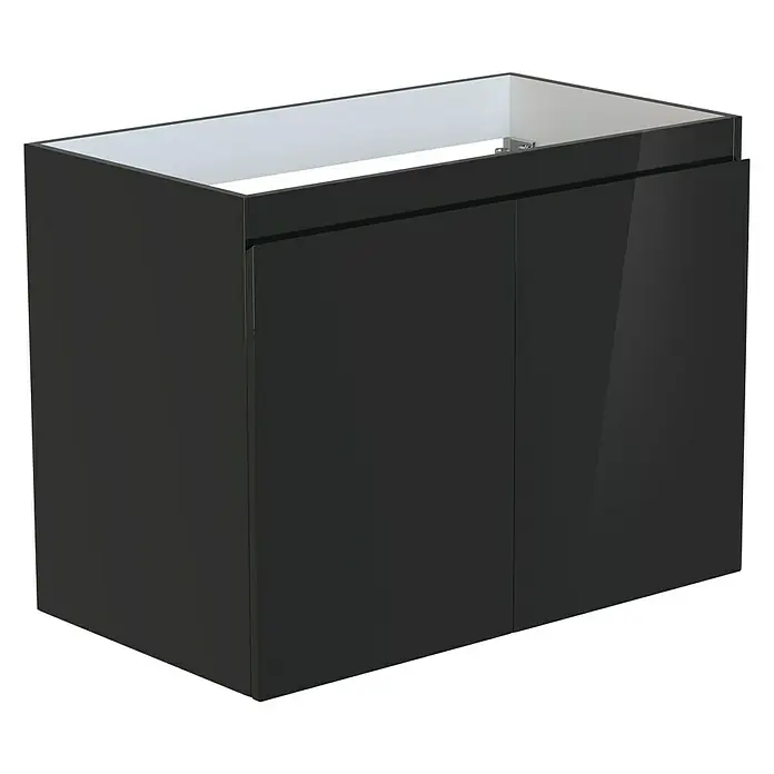 Camargue Espacio Waschtischunterschrank - 80 x 46 x 60 cm, 1 Einlegeboden, Gama anthrazit glänzend - Schwarzer Waschtischunterschrank mit zwei Türen und weißem Innenraum. Das Möbelstück ist modern und elegant gestaltet.