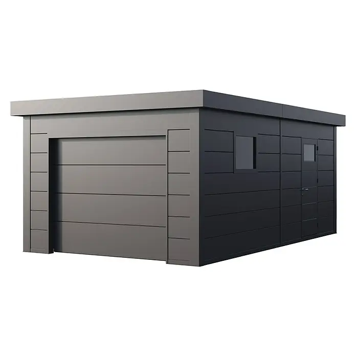 Telluria Garage Classico 3663G inkl. Elektro-Set und Innenwandverkleidung - Außenmaß inkl. Dachüberstand (B x T): 388 x 658 cm, Anthrazit, Stahl, Elektro-Set - Bild eines modernen grauen Geräteschuppens mit Garagentor, Fenster und Seiteneingang.