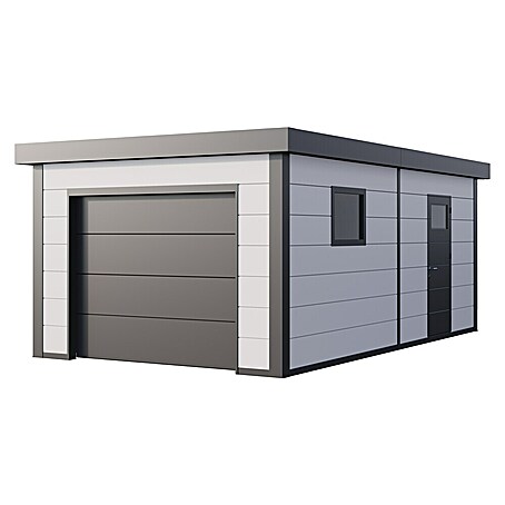 Telluria Garage Classico 3663G inkl. Elektro-Set und Innenwandverkleidung (Außenmaß inkl. Dachüberstand (B x T): 388 x 658 cm, Weiß/Anthrazit, Stahl, Elektro-Set)