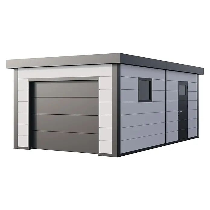 Telluria Garage Classico 3654G - Außenmaß inkl. Dachüberstand (B x T): 388 x 568 cm, Stahl, Weiß/Anthrazit, Ohne Set - Eine moderne, graue Fertiggarage mit Rolltor, Fenster und Tür. Das Flachdach und die Paneelbauweise geben ihr ein zeitgemäßes Aussehen.