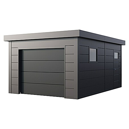 Telluria Garage Classico 3654G inkl. Elektro-Set und Innenwandverkleidung (Außenmaß inkl. Dachüberstand (B x T): 388 x 568 cm, Stahl, Anthrazit, Elektro-Set)