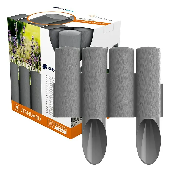 Palisade - L x H: 2,3 m x 145 mm, Anthrazit, Kunststoff - Produktbild eines Cellfast-Gartenzauns Standard mit Holzstruktur, ideal für die Gartengestaltung.