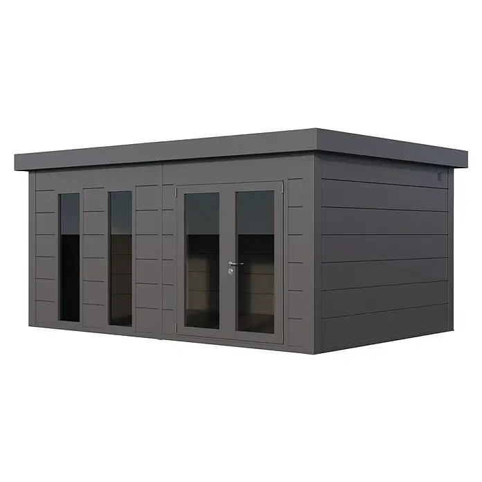 Telluria Gartenhaus Luminato 5436+ inkl. Elektro-Set - Außenmaß inkl. Dachüberstand (B x T): 568 x 388 cm, Anthrazit, Stahl, Inkl. Innenwandverkleidung & Elektro-Set - Ein graues Gartenhaus mit Fenstern und einer Doppeltür. Das moderne Design integriert sich nahtlos in jede Gartenumgebung.