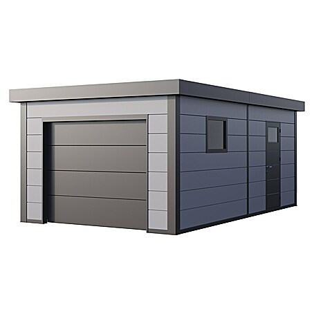 Telluria Garage Classico 3654G inkl. Elektro-Set und Innenwandverkleidung (Außenmaß inkl. Dachüberstand (B x T): 388 x 568 cm, Stahl, Lichtgrau, Elektro-Set)