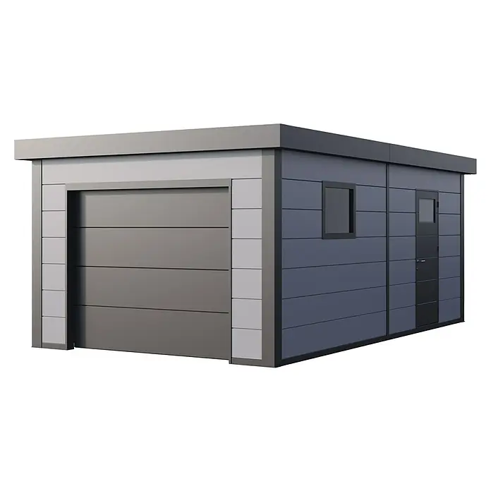 Telluria Garage Classico 3654G inkl. Elektro-Set und Innenwandverkleidung - Außenmaß inkl. Dachüberstand (B x T): 388 x 568 cm, Stahl, Lichtgrau, Elektro-Set - Ein modernes Gerätehaus in Grau- und Blautönen mit einem Rolltor und einer Seitentür. Das Gartenhaus bietet viel Stauraum und ist ein echter Hingucker.