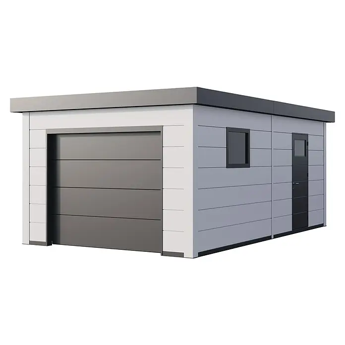 Telluria Garage Classico 3663G inkl. Elektro-Set und Innenwandverkleidung - Außenmaß inkl. Dachüberstand (B x T): 388 x 658 cm, Weiß, Stahl, Elektro-Set - Abbildung eines modernen Gartenhauses mit einem Rolltor und einer Seitentür, ideal als Stauraum oder Hobbyraum im Freien.