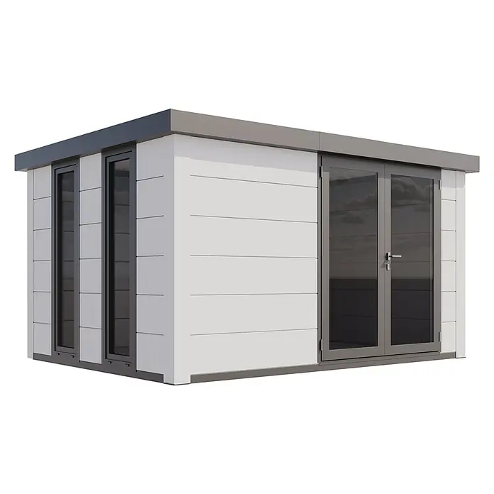 Telluria Gartenhaus Luminato 3930 inkl. Elektro-Set - Außenmaß inkl. Dachüberstand (B x T): 408 x 318 cm, Stahl, Weiß, Inkl. Innenwandverkleidung & Elektro-Set - Moderne Gartenlaube mit grauen Akzenten, weißen Paneelen und großen Fenstern, die einen stilvollen und hellen Raum im Freien bietet.