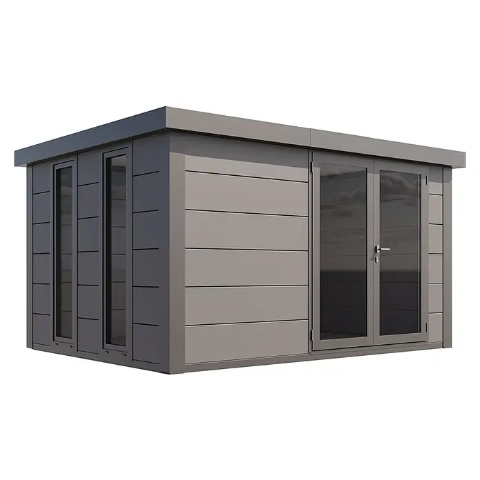 Telluria Gartenhaus Luminato 3930 inkl. Elektro-Set - Außenmaß inkl. Dachüberstand (B x T): 408 x 318 cm, Stahl, Lichtgrau/Anthrazit, Inkl. Innenwandverkleidung & Elektro-Set - Ein modernes, graues Gartenhaus mit großen Fenstern und Doppeltüren, ideal für zusätzlichen Wohnraum im Freien.