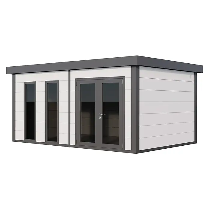 Telluria Gartenhaus Luminato 5436+ inkl. Elektro-Set - Außenmaß inkl. Dachüberstand (B x T): 568 x 388 cm, Weiß/Anthrazit, Stahl, Inkl. Innenwandverkleidung & Elektro-Set - Modernes Gartenhaus mit zwei Fenstern und einer Doppeltür. Das Gartenhaus ist weiß mit grauen Rahmen und Dach.