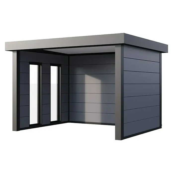 Telluria Pavillon Singolo 3630 mit Fenster - Außenmaß inkl. Dachüberstand (B x T): 388 x 328 cm, Stahl, Lichtgrau/Anthrazit, Ohne Set - Produktansicht des modernen Gartenhauses mit horizontaler Verkleidung, das ein stilvolles Design und Funktionalität für den Außenbereich bietet.